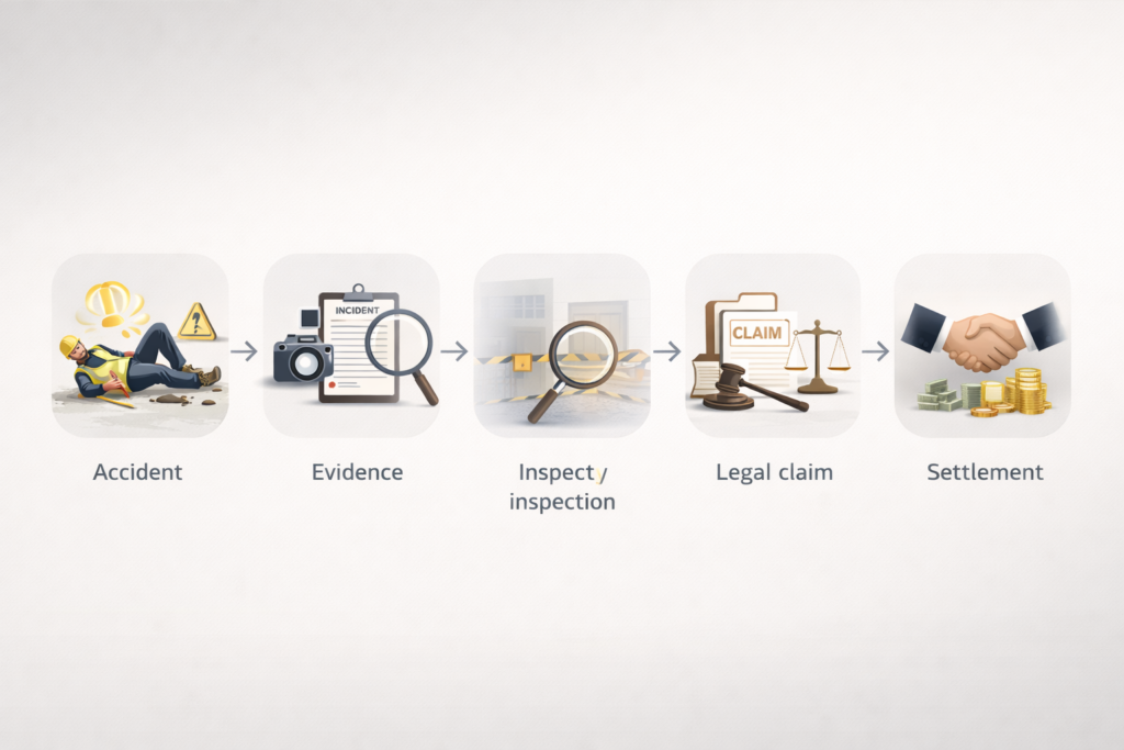 Visual process showing the steps after a workplace injury including the accident, evidence collection, property inspection, legal claim, and settlement.