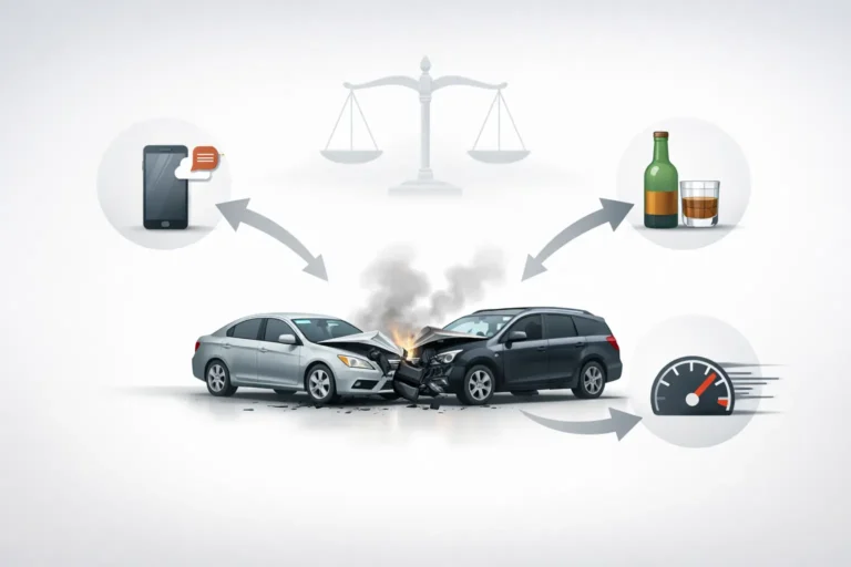 Conceptual car accident showing causes like distracted driving, drunk driving, and speeding leading to wrongful death in Atlanta