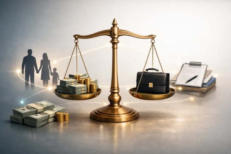 Illustration showing factors that determine wrongful death case value in Georgia including financial loss, emotional loss, income, and legal evidence