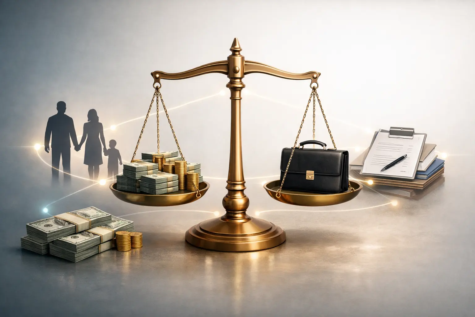 Illustration showing factors that determine wrongful death case value in Georgia including financial loss, emotional loss, income, and legal evidence
