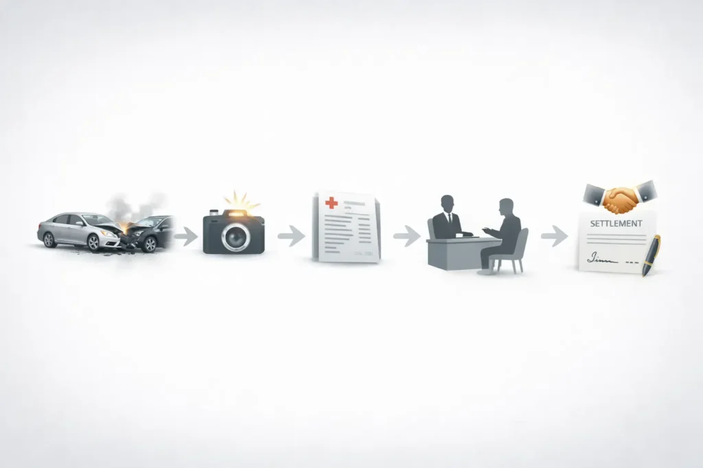 Step by step process after fatal car accident including evidence collection, medical records, legal consultation, and settlement