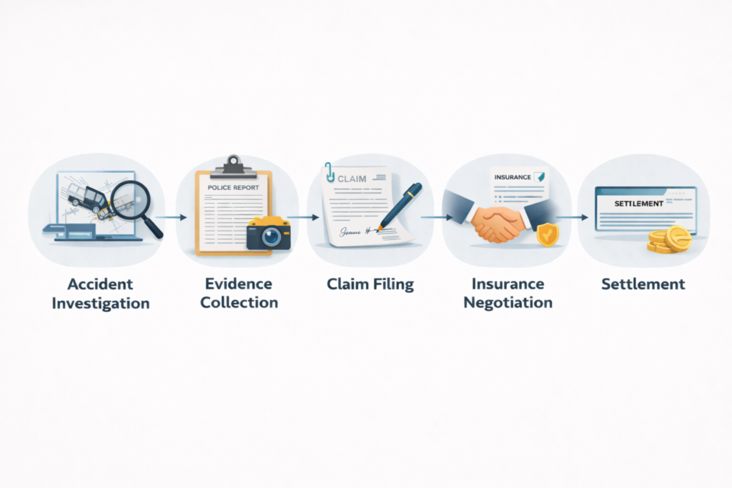 Wrongful death claim process in Georgia showing investigation, evidence collection, claim filing, negotiation, and settlement