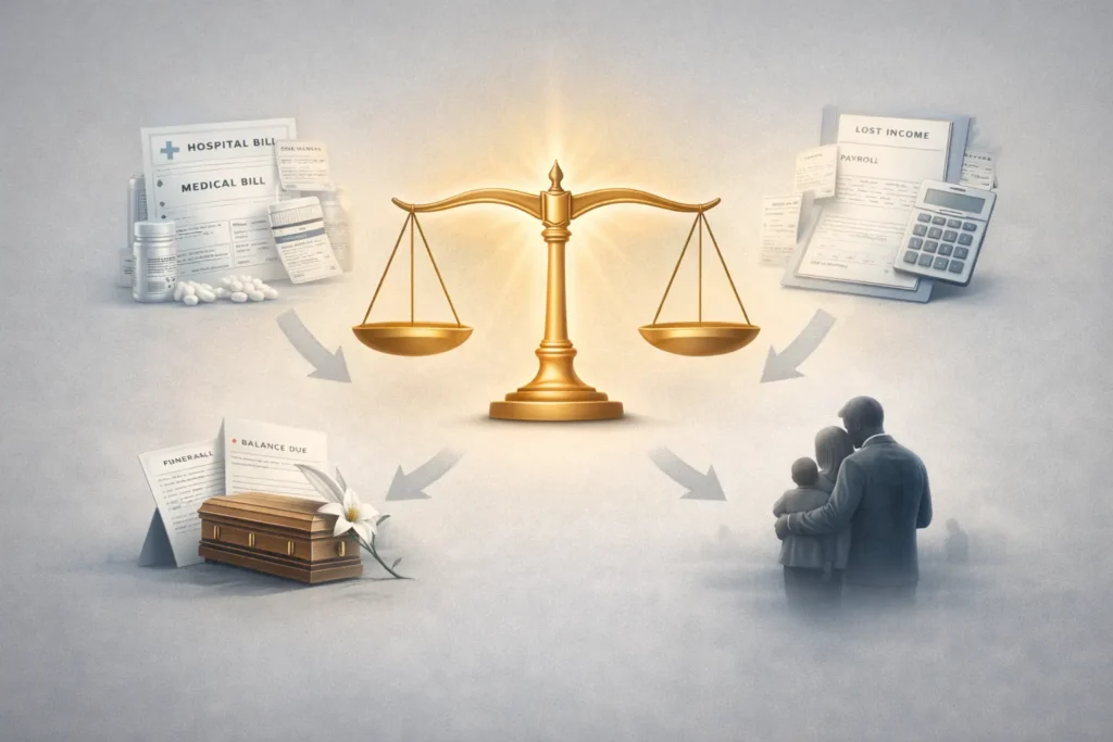 Illustration showing compensation elements in a wrongful death truck accident including medical bills, lost income, funeral costs, and family loss