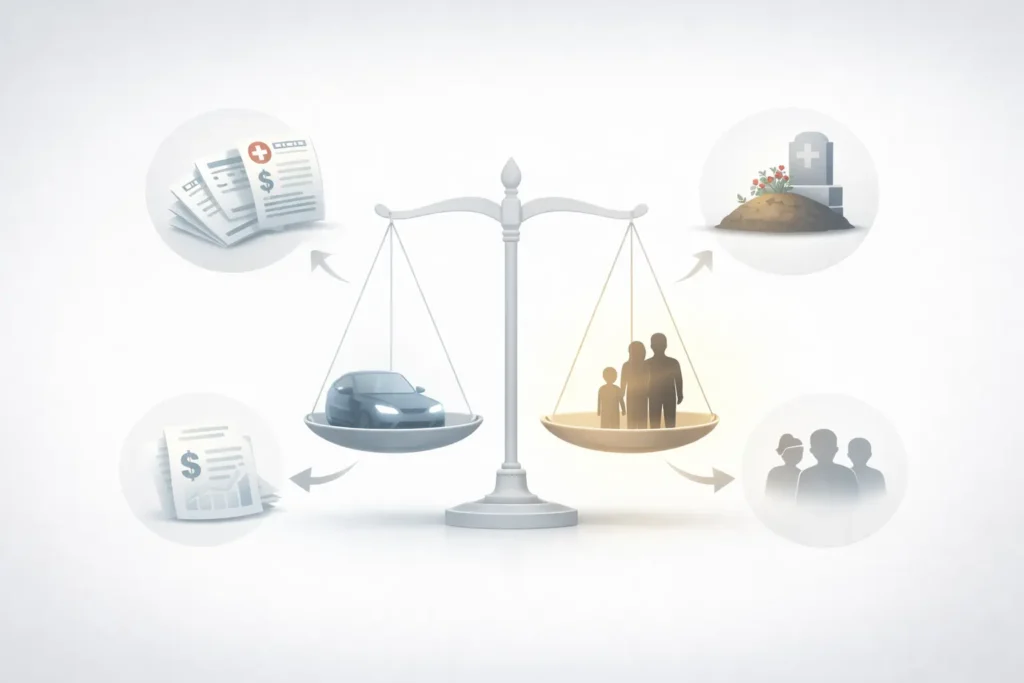 Scales of justice surrounded by medical bills, funeral costs, lost income, and family loss representing wrongful death compensation
