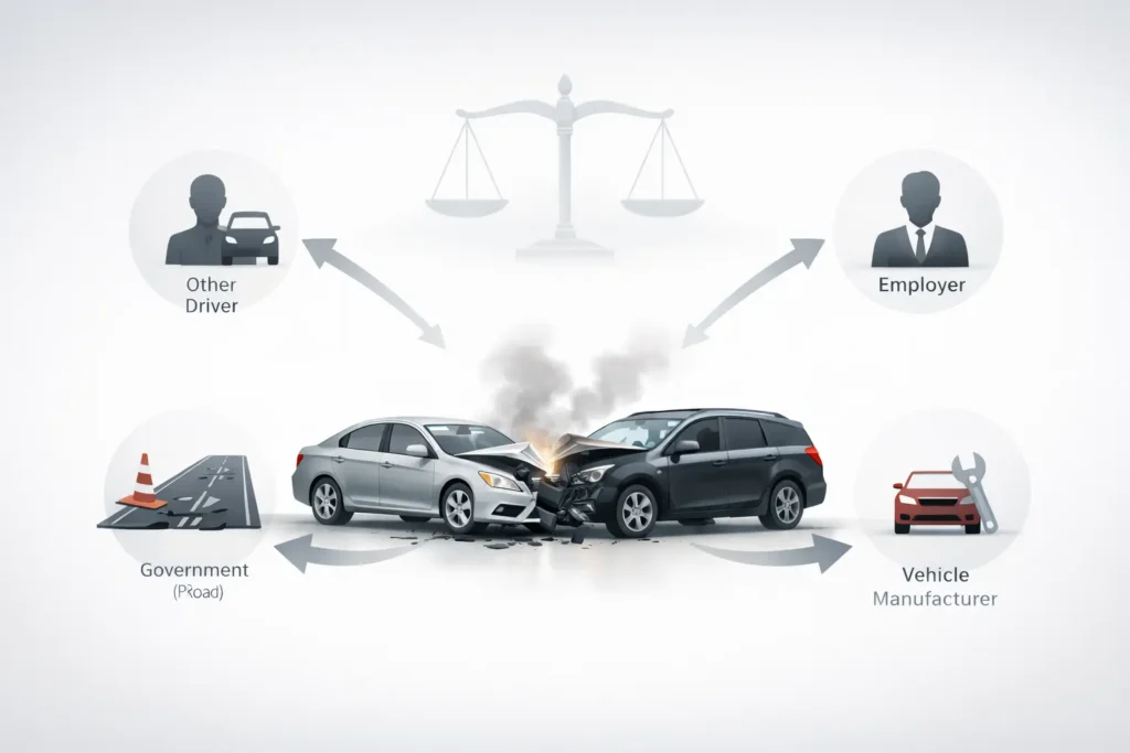 Diagram showing multiple parties liable in a wrongful death car accident including driver, employer, trucking company, and manufacturer