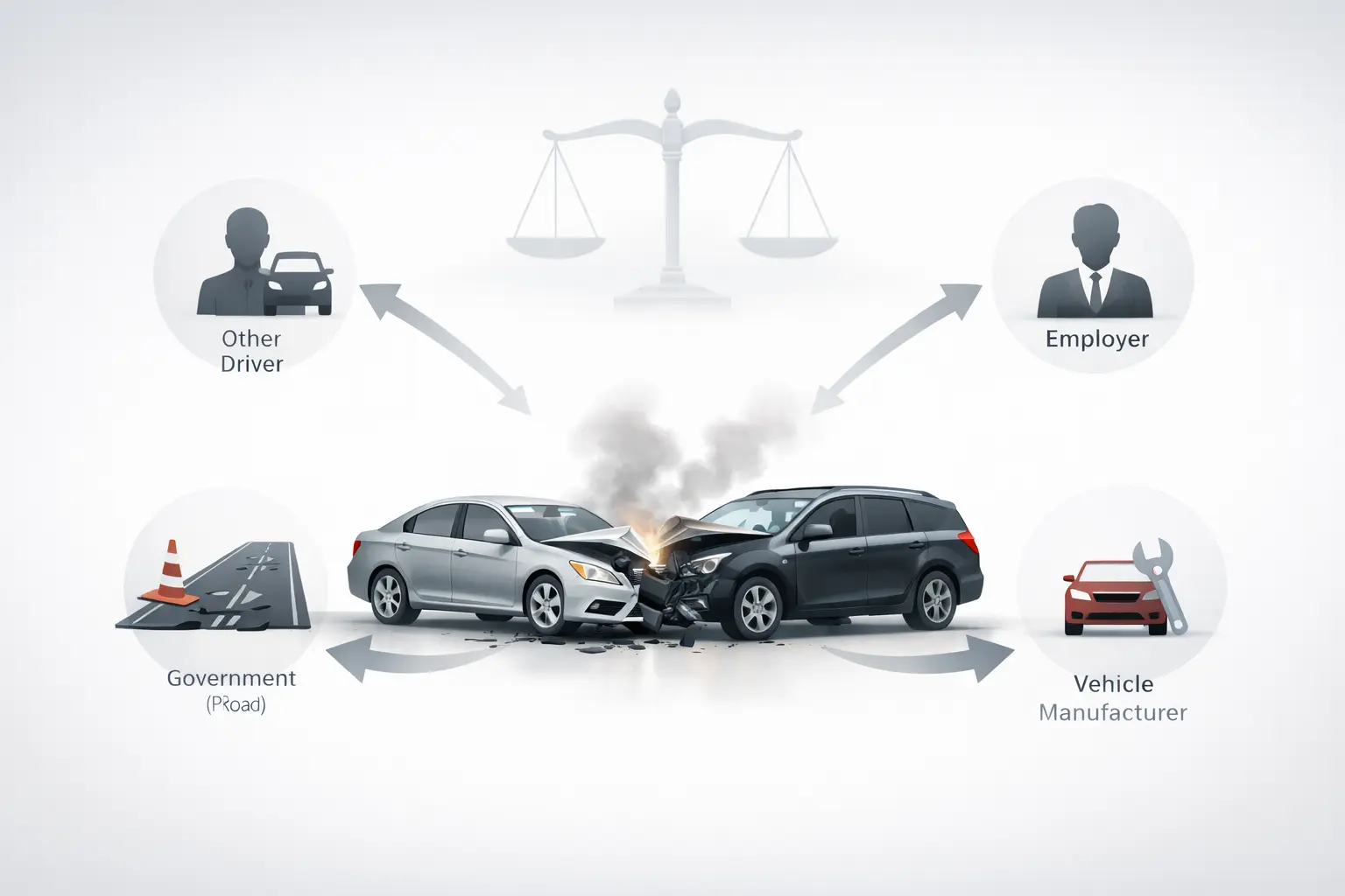 Diagram showing multiple parties liable in a wrongful death car accident including driver, employer, trucking company, and manufacturer