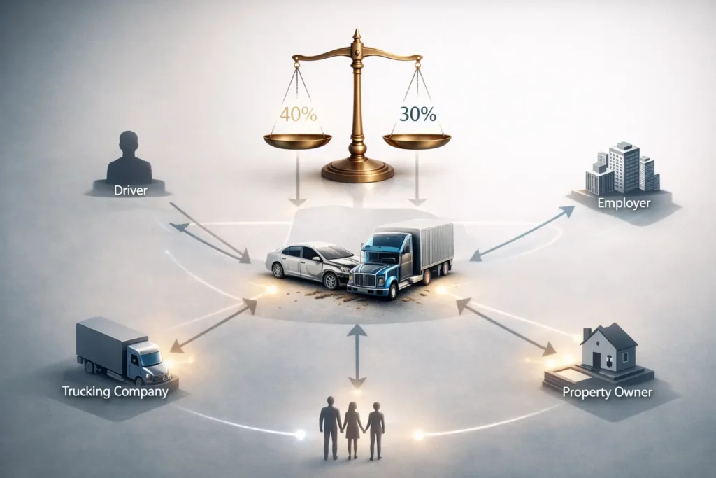 Diagram showing liability in a wrongful death case with multiple responsible parties including driver, trucking company, employer, and property owner